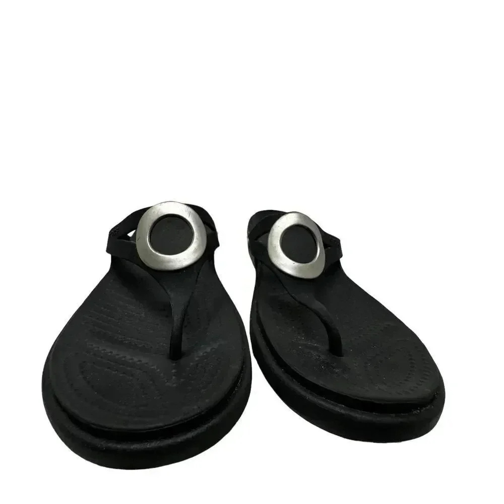 Crocs Women's size 10 Sanrah  Metallic o-ring Wedge Flip black &silver - Picture 2 of 8